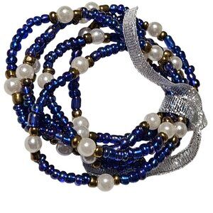 Blue Beaded Faux Pearl Bracelets Gold Accents Set of 6 Tied Silver Ribbon Gift